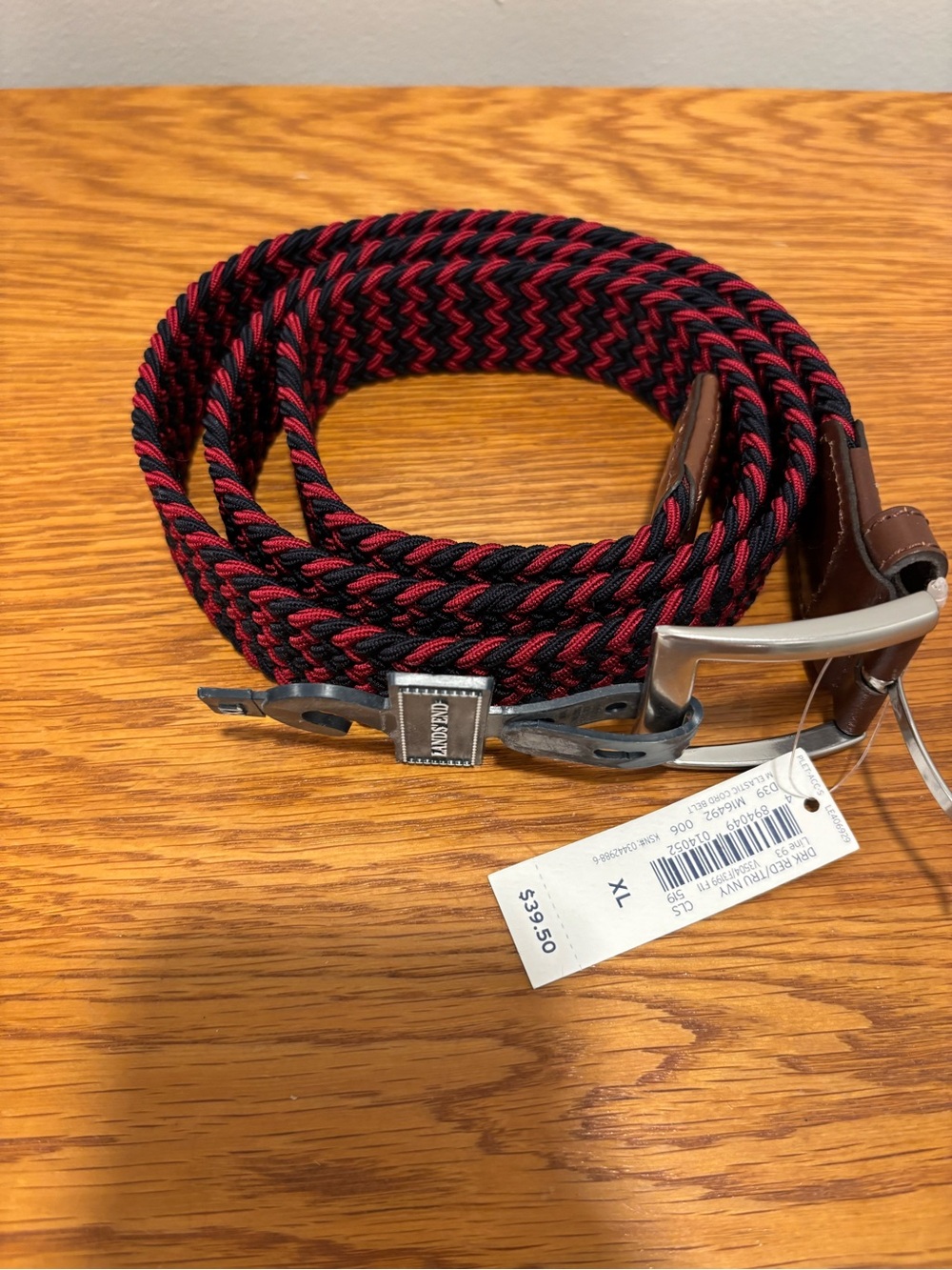 Lands' End Red and Black Braided Elastic Belt with Leather Trim